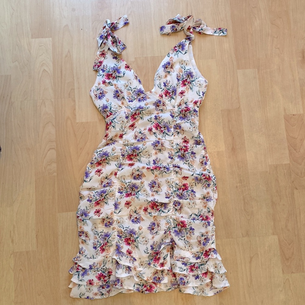 Floral ruched mini dress with tie sleeves